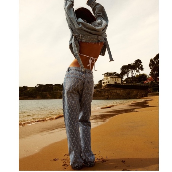 ZARA TRF MID RISE RHINESTONE JEANS - Sparkly Light Wash Denim - Picture 4 of 14